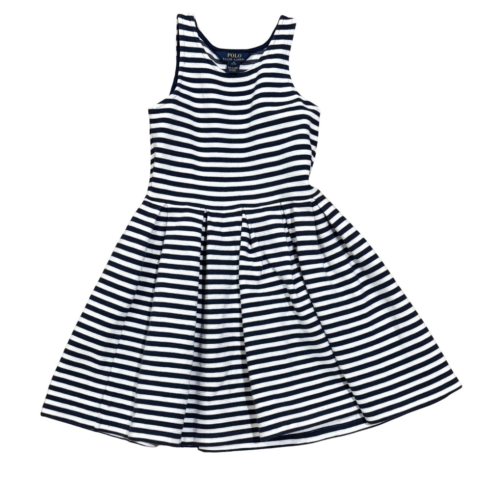 Polo Ralph Lauren Girls Navy Blue White Striped Sleeveless Pleated Dress M 8-10